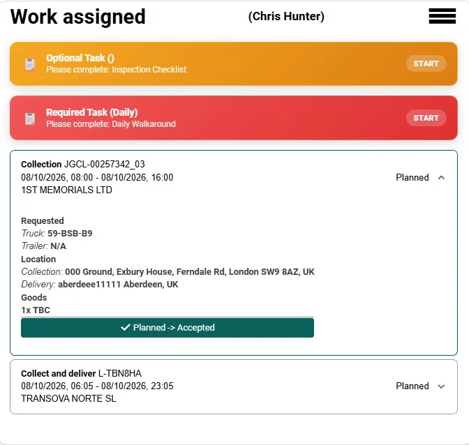 Celerum driver app — job details with the assigned resource accepted