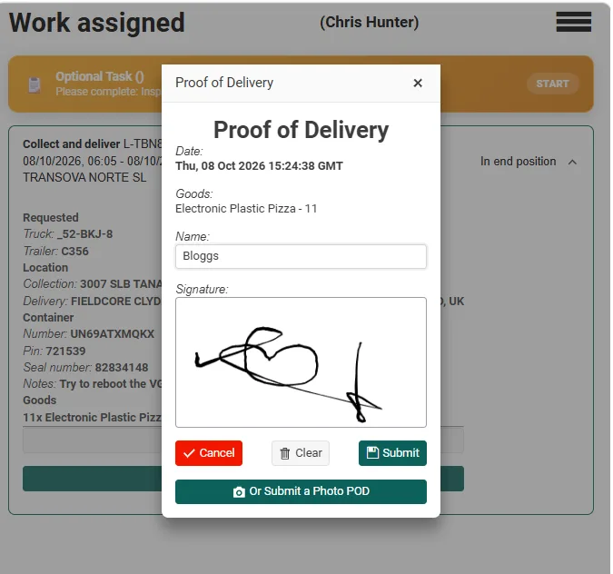 Actual Celerum Driver App — Signed proof of delivery