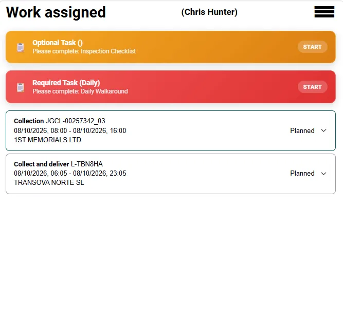 Celerum driver app — work assigned, with daily walkaround and inspection checklist tasks
