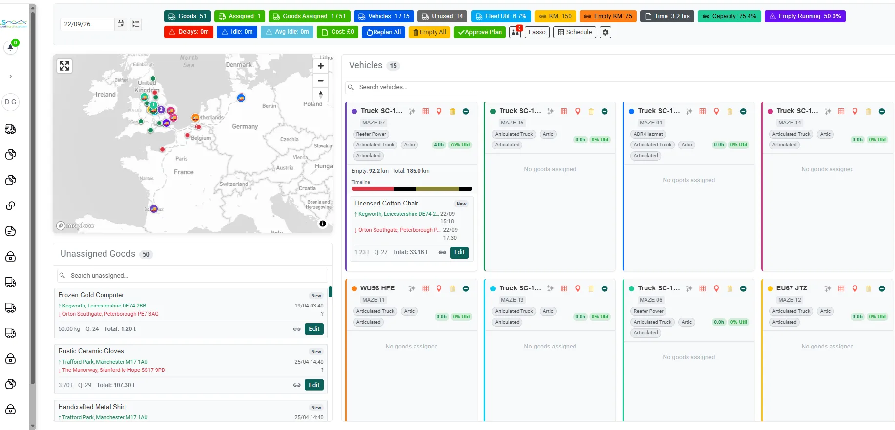 Actual anonymised Celerum TLS planning page showing map, unassigned goods, vehicle cards and KPI strip